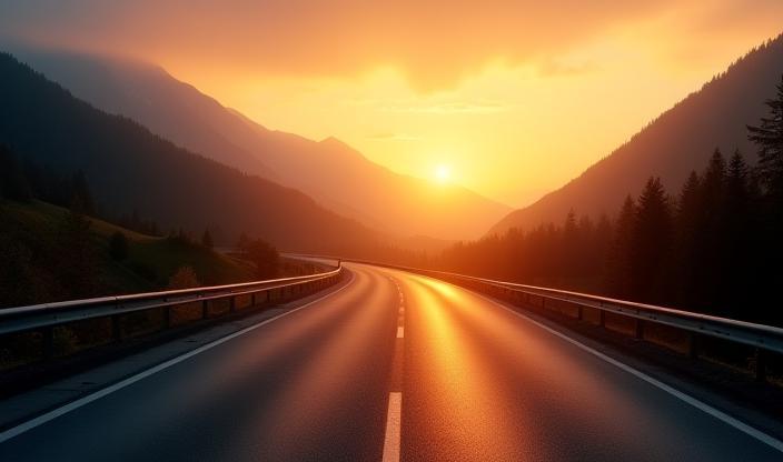 Autobahn in Österreich bei Sonnenaufgang